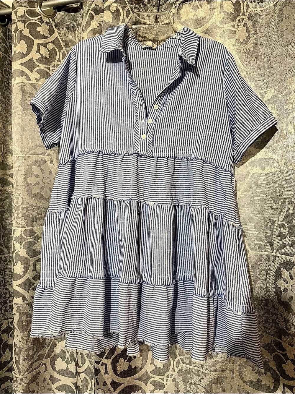 Umgee Blue White Striped Tiered Midi Dress